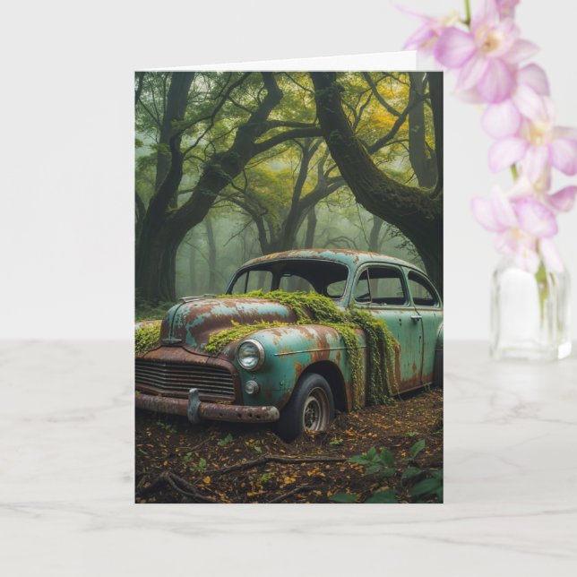Abandoned Car in Misty Forest Blank Card (Orchid)