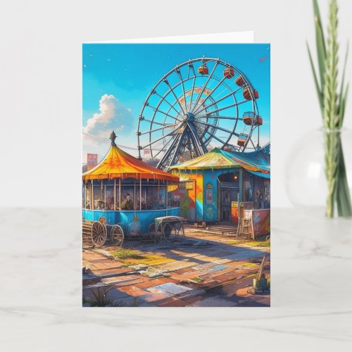 Abandoned Carnival Empty Ferris Wheel and Rides Card