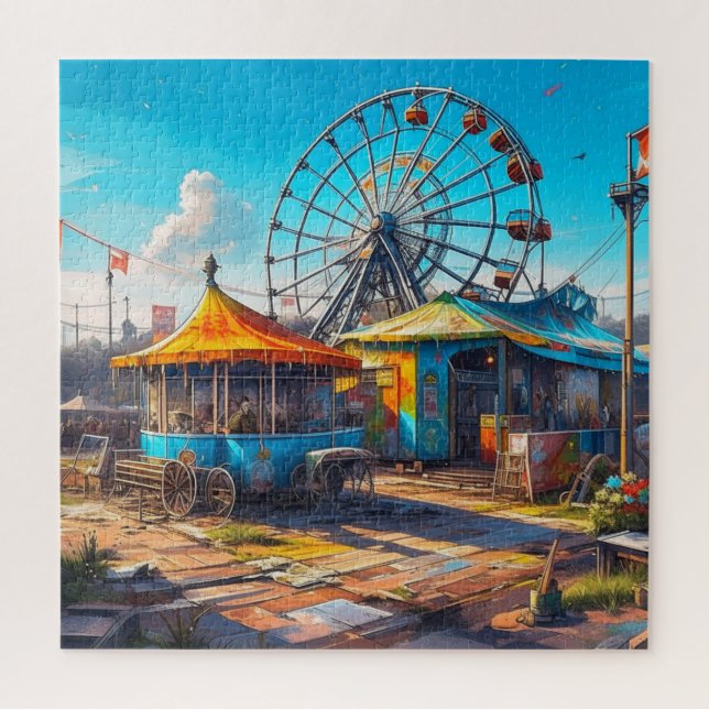 Abandoned Carnival Empty Ferris Wheel and Rides Jigsaw Puzzle (Vertical)