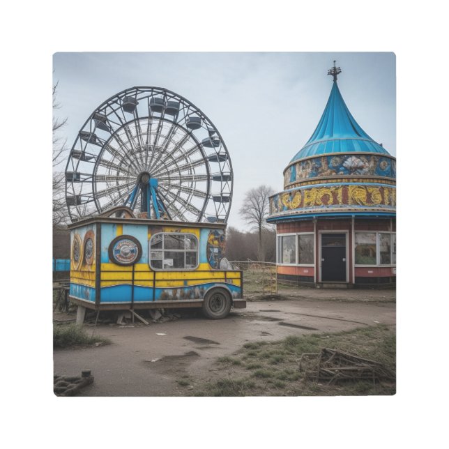 Abandoned Carnival Empty Ferris Wheel and Tent Metal Print (Front)