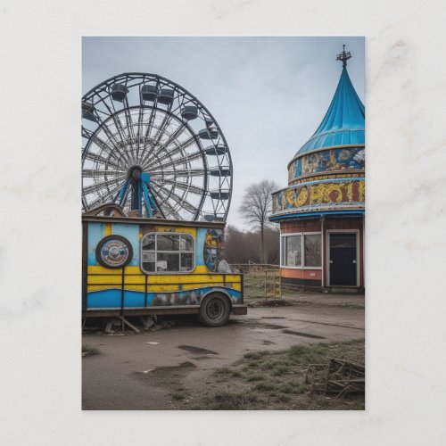 Abandoned Carnival Empty Ferris Wheel and Tent Postcard