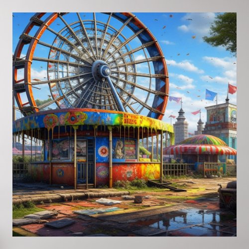 Abandoned Carnival Ferris Wheel Ai art Poster