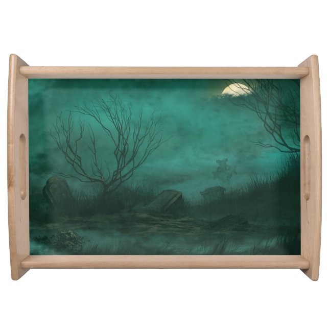 Abandoned Cemetery Moonlit Night Scene Serving Tray (Front)