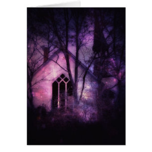 Abandoned Church Purple Night Sky Digital Art Cards