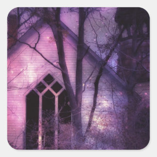 Abandoned Church Purple Night Sky Digital Art Square Sticker