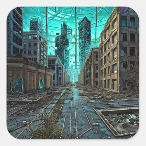 Abandoned City Dystopian AI Generated Artwork Square Sticker