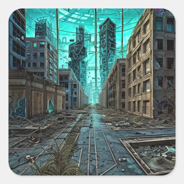 Abandoned City Dystopian AI Generated Artwork Square Sticker (Front)