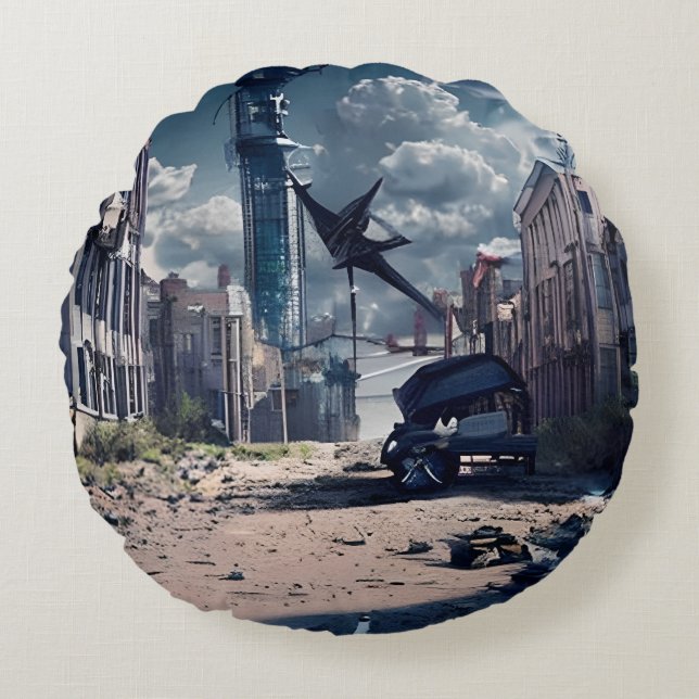 Abandoned City | Post Apocalypse Dystopian World  Round Pillow (Front)