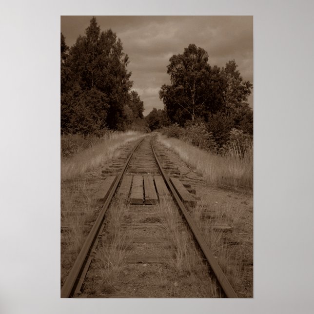 Abandoned Empty Railroad Train Tracks Sepia Photo Poster (Front)