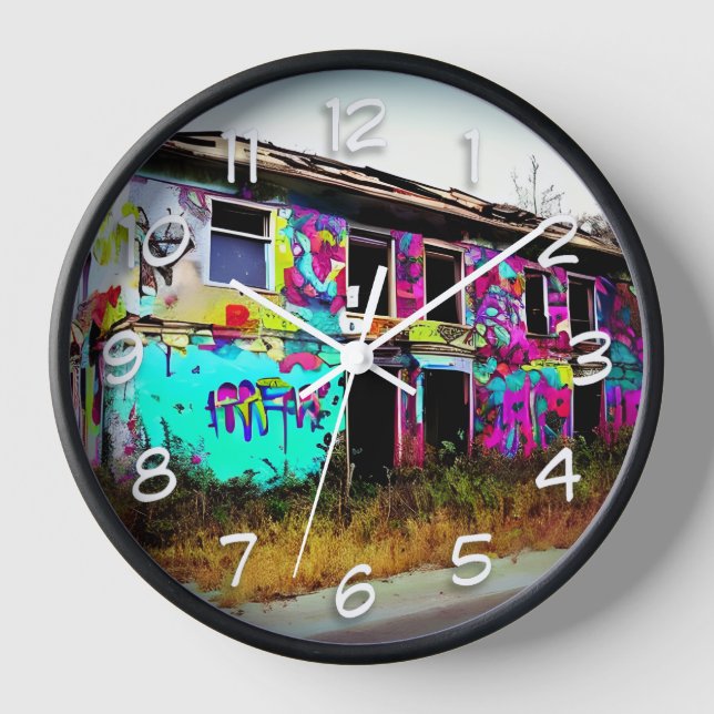 Abandoned House with Colorful Graffiti Clock (Front)