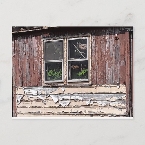  abandoned house with flowers at window postcard