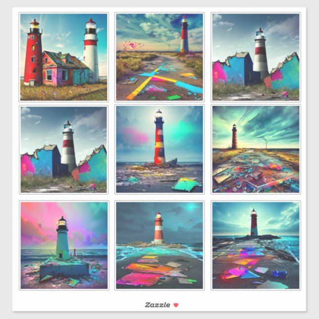 Abandoned Lighthouses on the Beach Colorful Sticker (Sheet)