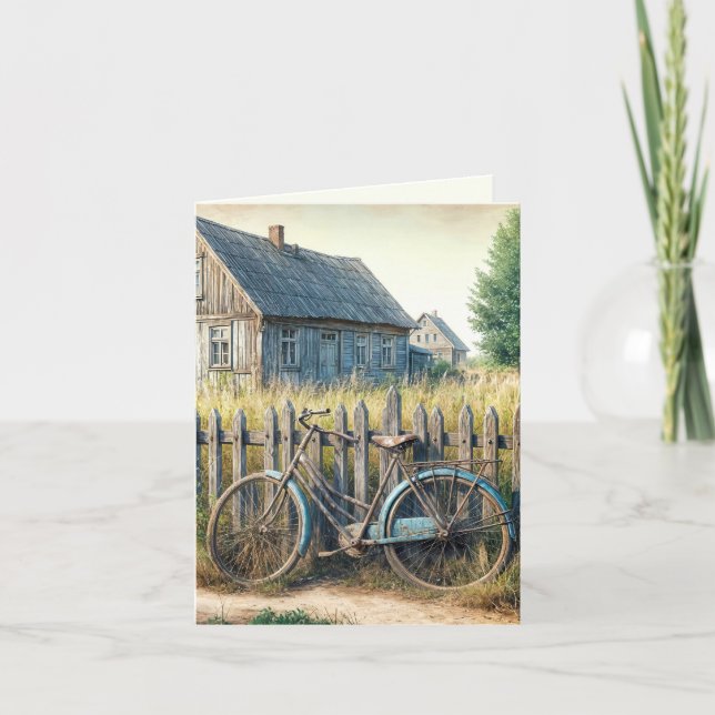 Abandoned Old Bike On Rustic Fence Card (Front)