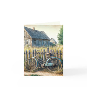 Abandoned Old Bike On Rustic Fence Card