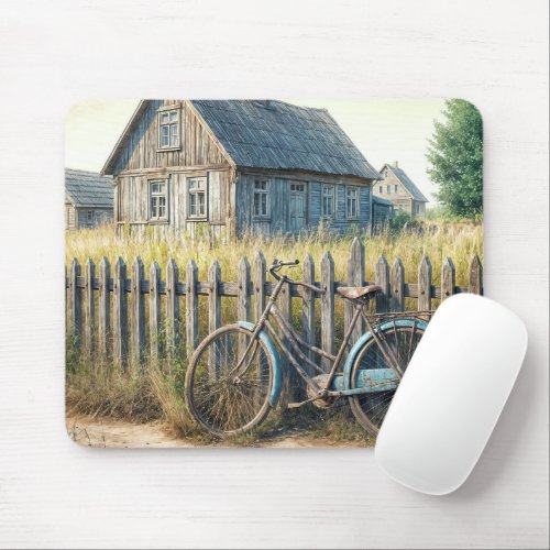 Abandoned Old Bike On Rustic Fence Mouse Pad