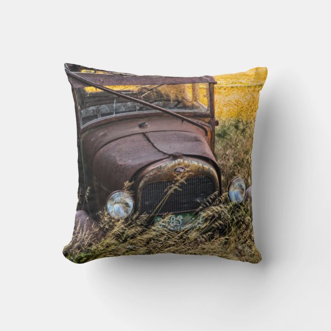 Abandoned old car in tall grass throw pillow (Front)