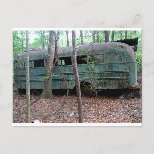 Abandoned Old Green Bus in the Woods Postcard