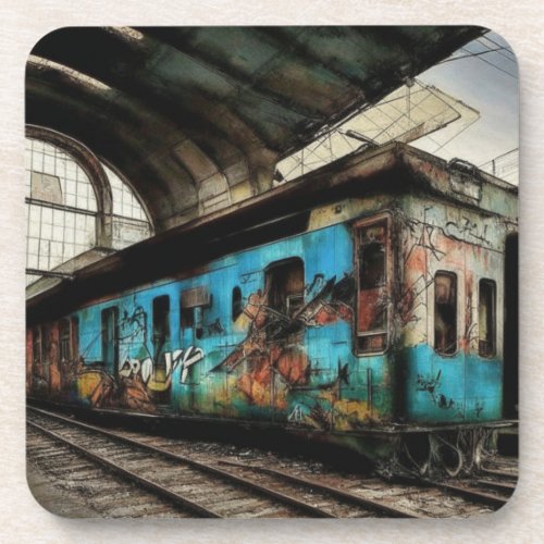 Abandoned Train with Graffiti Urban Street Art Beverage Coaster