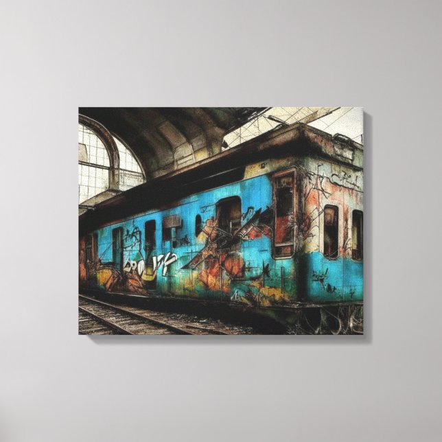 Abandoned Train with Graffiti Urban Street Art Canvas Print (Front)