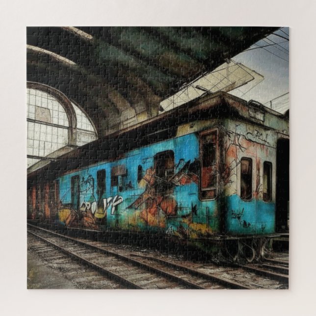 Abandoned Train with Graffiti Urban Street Art Jigsaw Puzzle (Vertical)