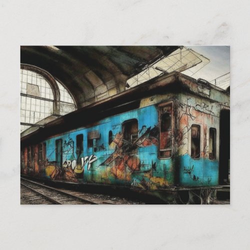 Abandoned Train with Graffiti Urban Street Art Postcard