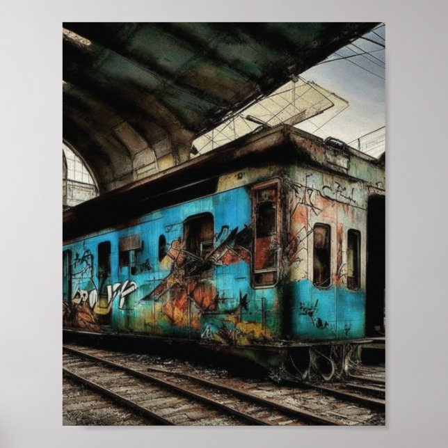 Abandoned Train with Graffiti Urban Street Art Poster (Front)