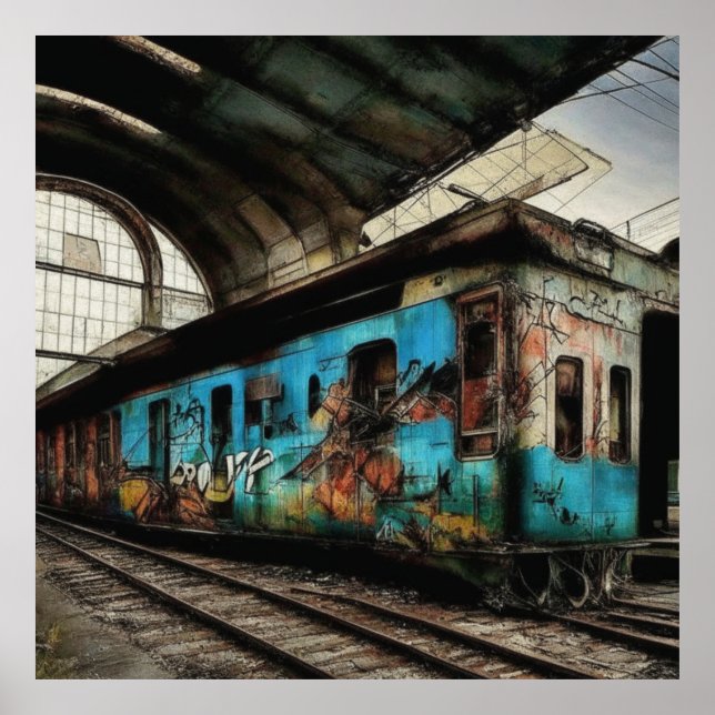 Abandoned Train with Graffiti Urban Street Art Poster (Front)