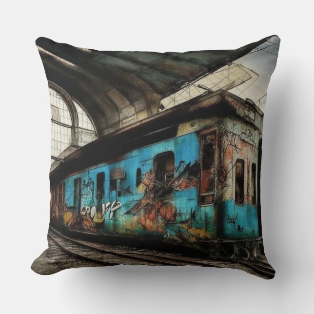 Abandoned Train with Graffiti Urban Street Art Throw Pillow (Front)