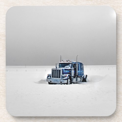 Abandoned truck in the snow desert beverage coaster