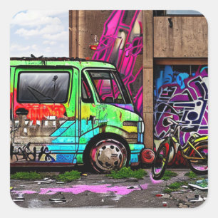 Abandoned Van and Bike Graffiti Urban Art Square Sticker