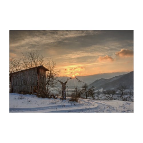 Abandoned wooden barn in winter sunrise acrylic print
