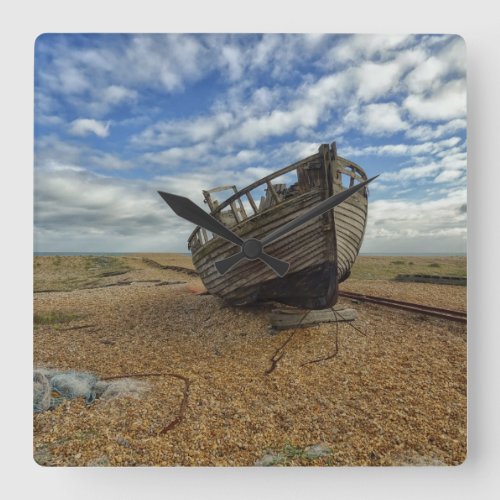 Abandoned Wooden Fishing Boat  Dungeness Square Wall Clock