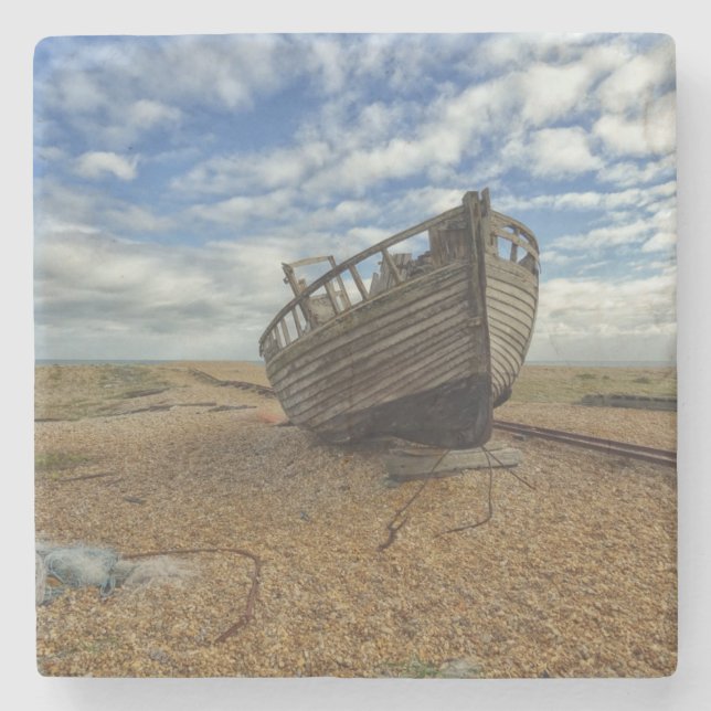 Abandoned Wooden Fishing Boat | Dungeness Stone Coaster (Front)