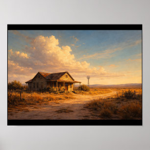 Abandoned wooden house under vast sky poster