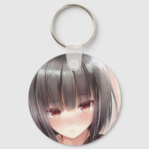 Abashed anime girl brunette bob amber eyes keychain