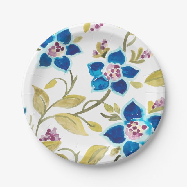 Abbey Floral Tiles - Blue Blooms Paper Plates (Front)