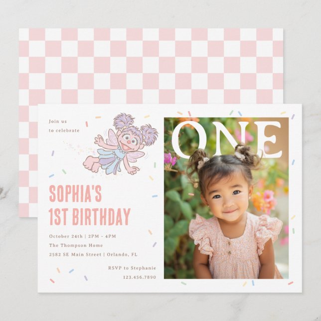 Abby Cadabby Pink Confetti First Birthday Invitation (Front/Back)