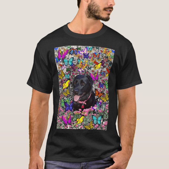 Abby in Butterflies - Black Lab Dog T-Shirt (Front)