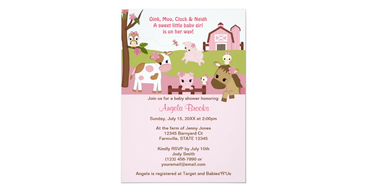 Abby S Farm Animal Girls Baby Shower Girl Pink 5x7 Paper Invitation Card