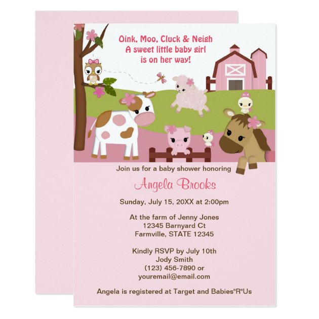 Abby's Farm Animal Girls Baby Shower GIRL PINK Invitation