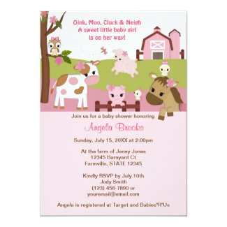 Abby's Farm Animal Girls Baby Shower GIRL PINK Card