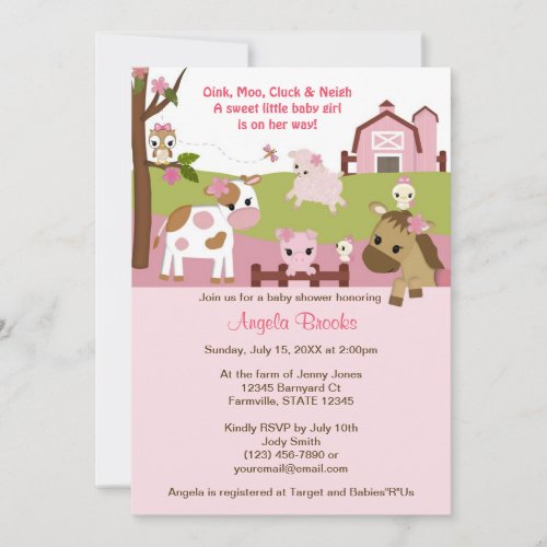 Abby's Farm Animal Baby Shower GIRL PINK AFC Personalized Invite
