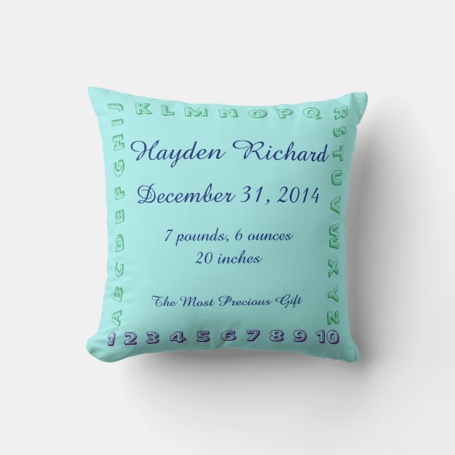ABC/123 Customizable New Baby Boy Throw Pillow (Front)