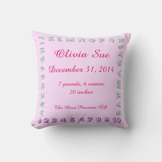 ABC/123 Customizable New Baby Girl Throw Pillow (Front)
