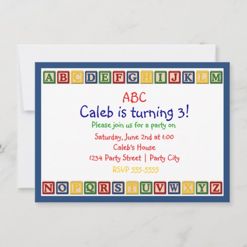 ABC Alphabet Blocks 1st Baby Birthday Invitation