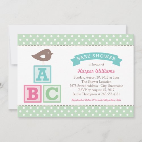 ABC Alphabet Blocks Mint Green Baby Shower Invitation