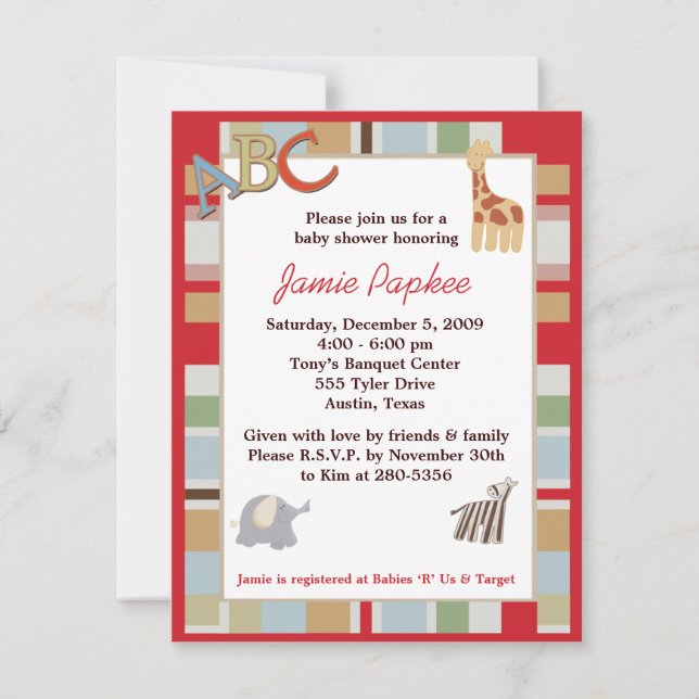 ABC Alphabet Soup Striped Baby Shower Invitation (Front)