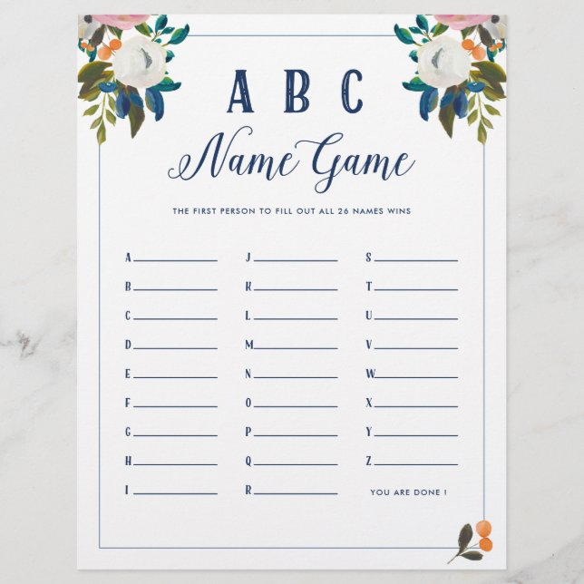 ABC Baby Name Shower Game (Front)