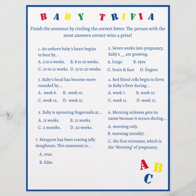ABC Baby Trivia Game Flyer (Front)