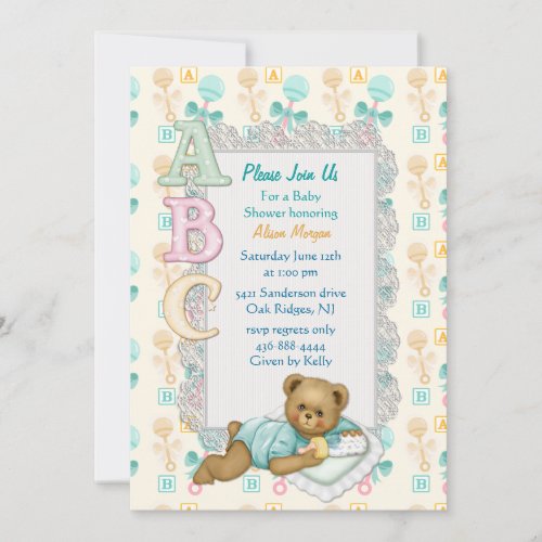 ABC Teddy Shower Invitation - Peach and Aqua